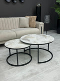 Table Basse Gigogne Ronde 60/80 cm – Verre Trempé Effet Marbre Beige & Pieds Noirs