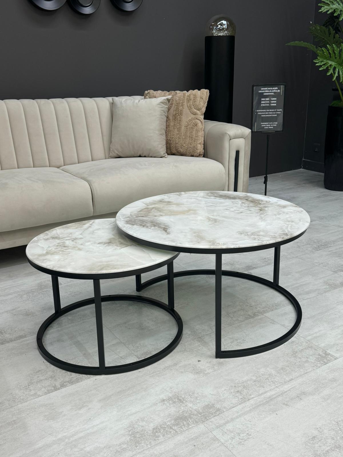 Table Basse Gigogne Ronde 60/80 cm – Verre Trempé Effet Marbre Beige & Pieds Noirs