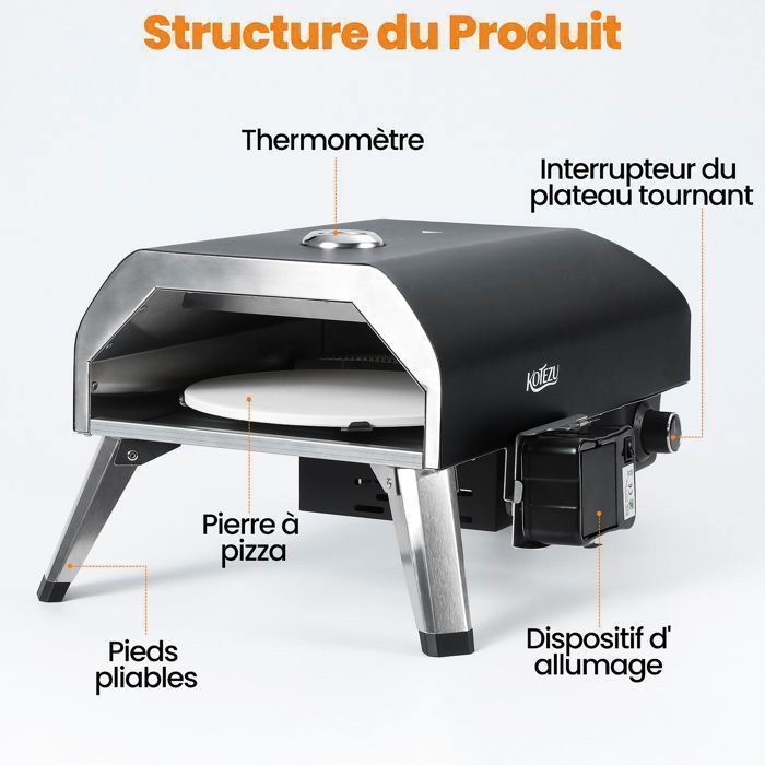 KOTEZU Four à Pizza Gaz 12", Pierre Rotative Auto, 4,4 kW, Thermomètre