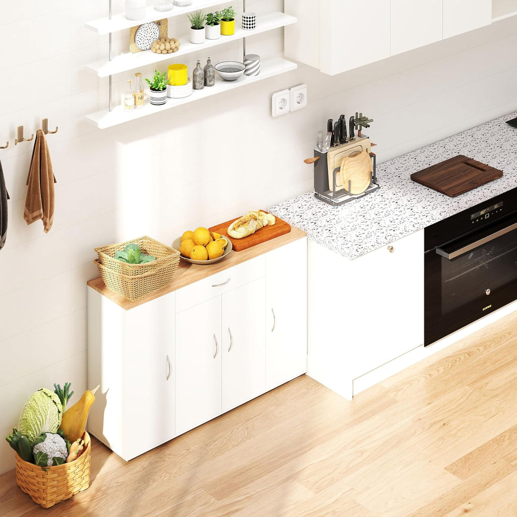 Meuble Cuisine Rangement avec Plan de Travail avec 4 Portes et 1 tiroir, Meuble de Rangement Cuisine Blanche Moderne