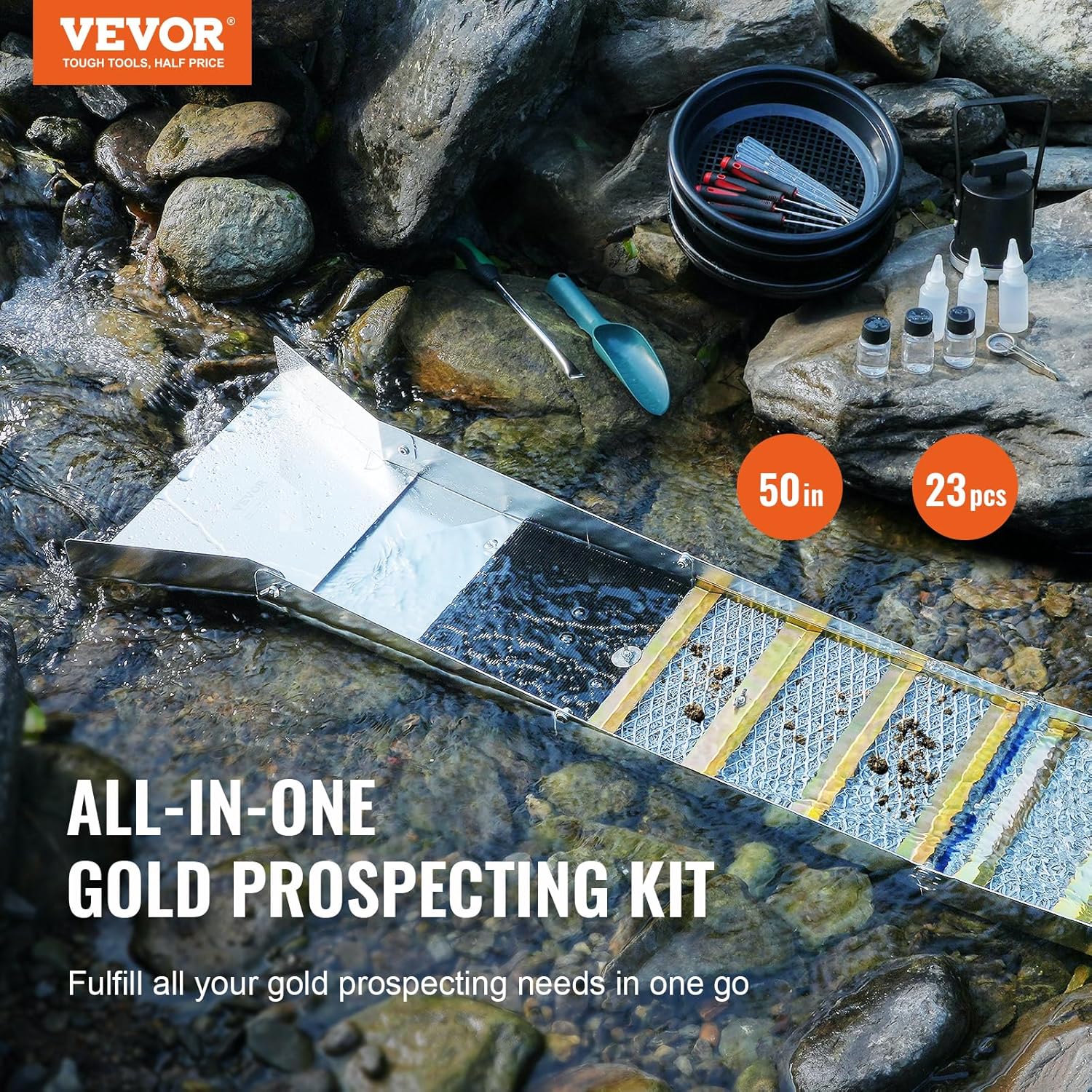 VEVOR Kit d'Orpaillage Portable 23 Pièces Rampe d'Orpaillage 127 cm en Aluminium Résistant avec Bâtée Tamis Pipettes Pelle et Sac de Transport Sluice pour Mineur Prospecteur d’Or Jardin Rivières