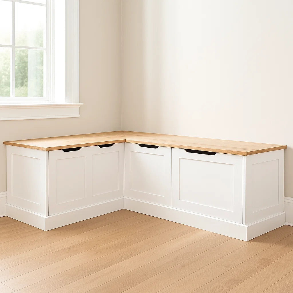 Banc d'angle de rangement blanc en bois de pin 150cm x 35cm x 45cm