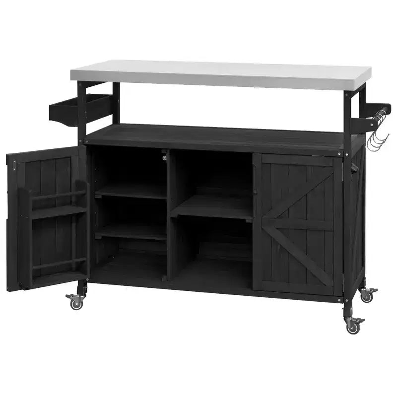 Okak Outdoor Kitchen Island with Stainless Steel Top, Wooden Kitchen Cart with Doors, Shelves and Spice Rack, Rolling Kitchen Island