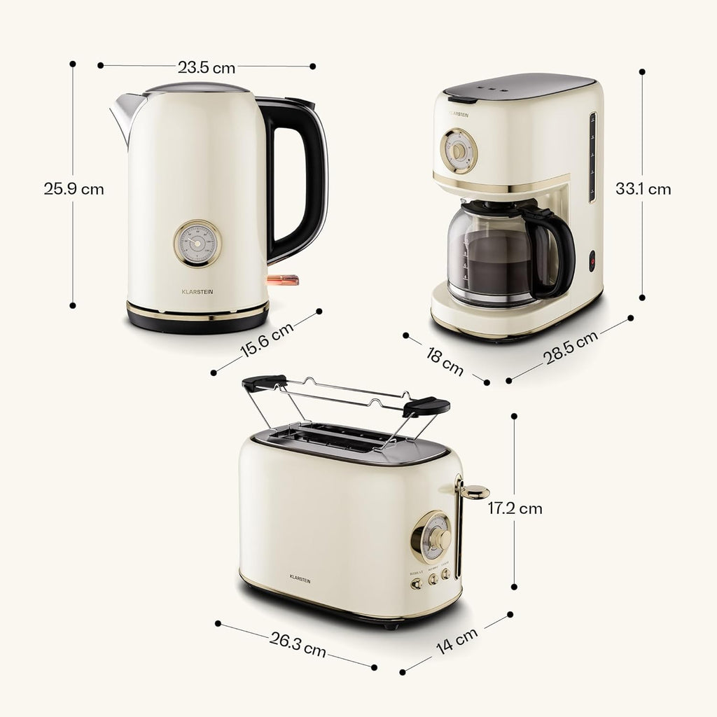 Klarstein Victoria Set Petit-Déjeuner Complet – Grille-Pain 2 Fentes 7 Niveaux, Bouilloire Électrique 1,7L, Cafetière Filtre 12 Tasses, Design Rétro, Support à Petits Pains, Cream