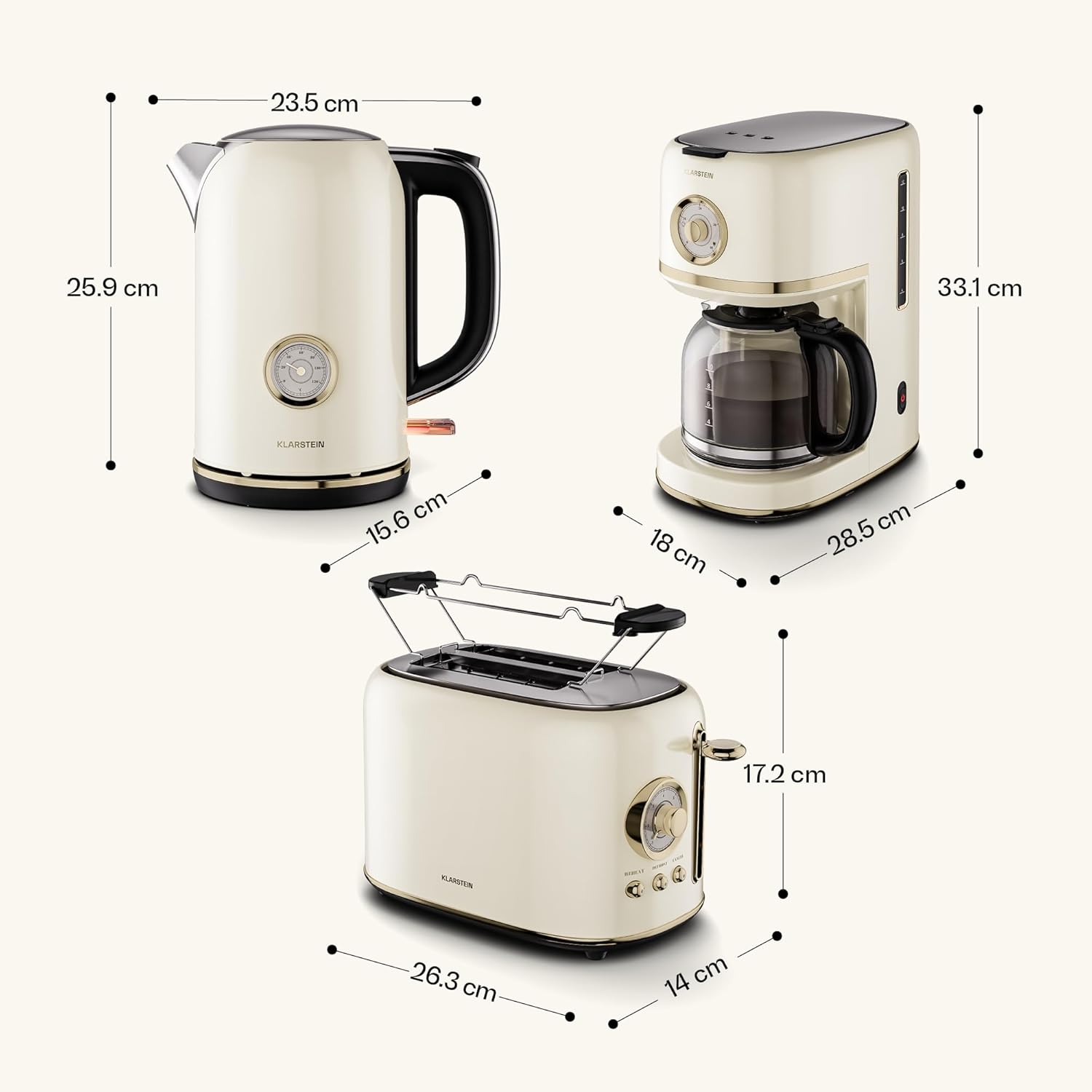 Klarstein Victoria Set Petit-Déjeuner Complet – Grille-Pain 2 Fentes 7 Niveaux, Bouilloire Électrique 1,7L, Cafetière Filtre 12 Tasses, Design Rétro, Support à Petits Pains, Cream