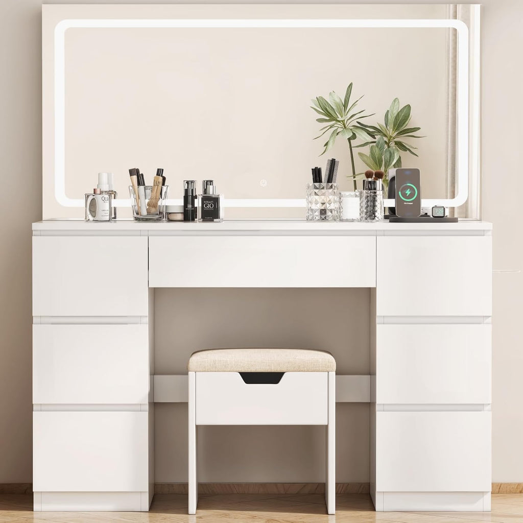 TRIUMPHKEY Coiffeuse avec Miroir et Tabouret Table de Maquillage avec Miroir LED Grand Format à Luminosité Réglable, 7 Tiroirs et Prise de Courant, Meuble de Maison, Blanc
