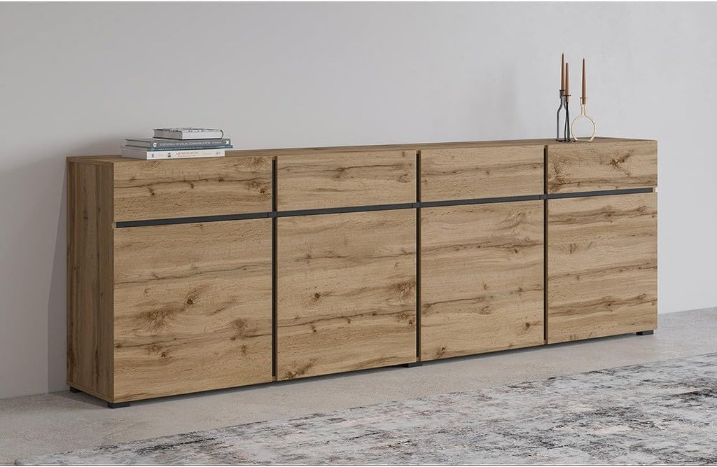 Buffet XL couleur chêne et noir 225 cm, collection Havana. Buffet moderne avec 4 portes et 4 tiroirs.