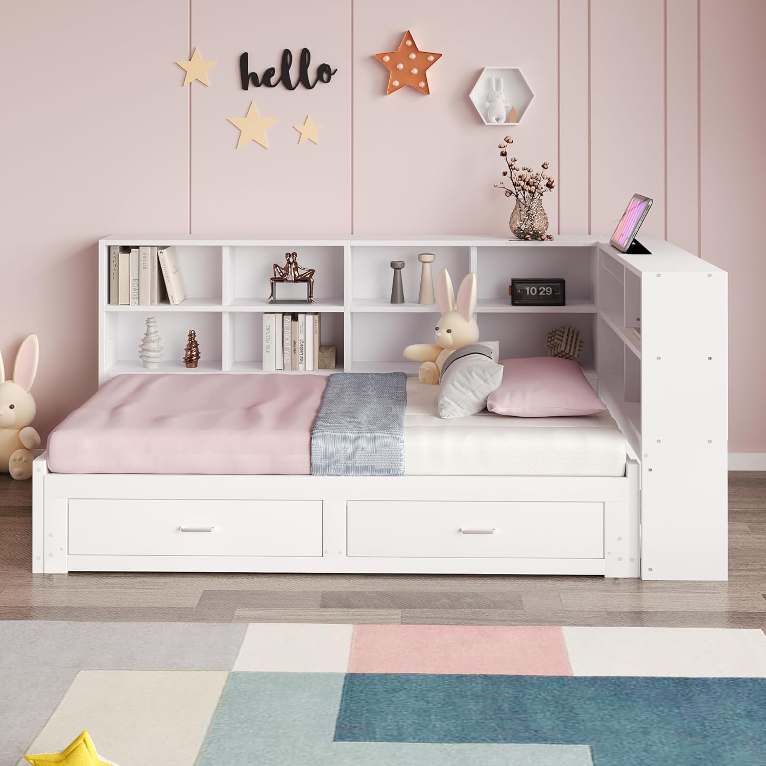 Lit Gigogne 90x190 cm + 180x190 cm - Lit en Bois avec Rangement et Prise Intégrée, Structure Pin et MDF, Matelas Non Inclus - Blanc