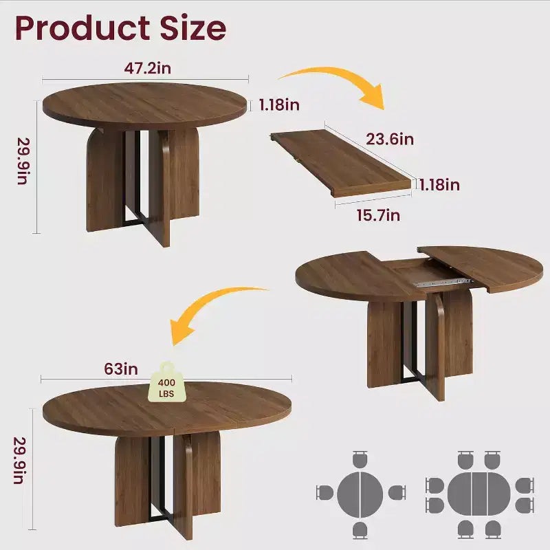 Table à manger ronde extensible 47-63 pour 4-8 personnes, table de cuisine extensible en bois de style ferme avec cadre métallique, ovale peu encombrante pour appartement, gris rétro