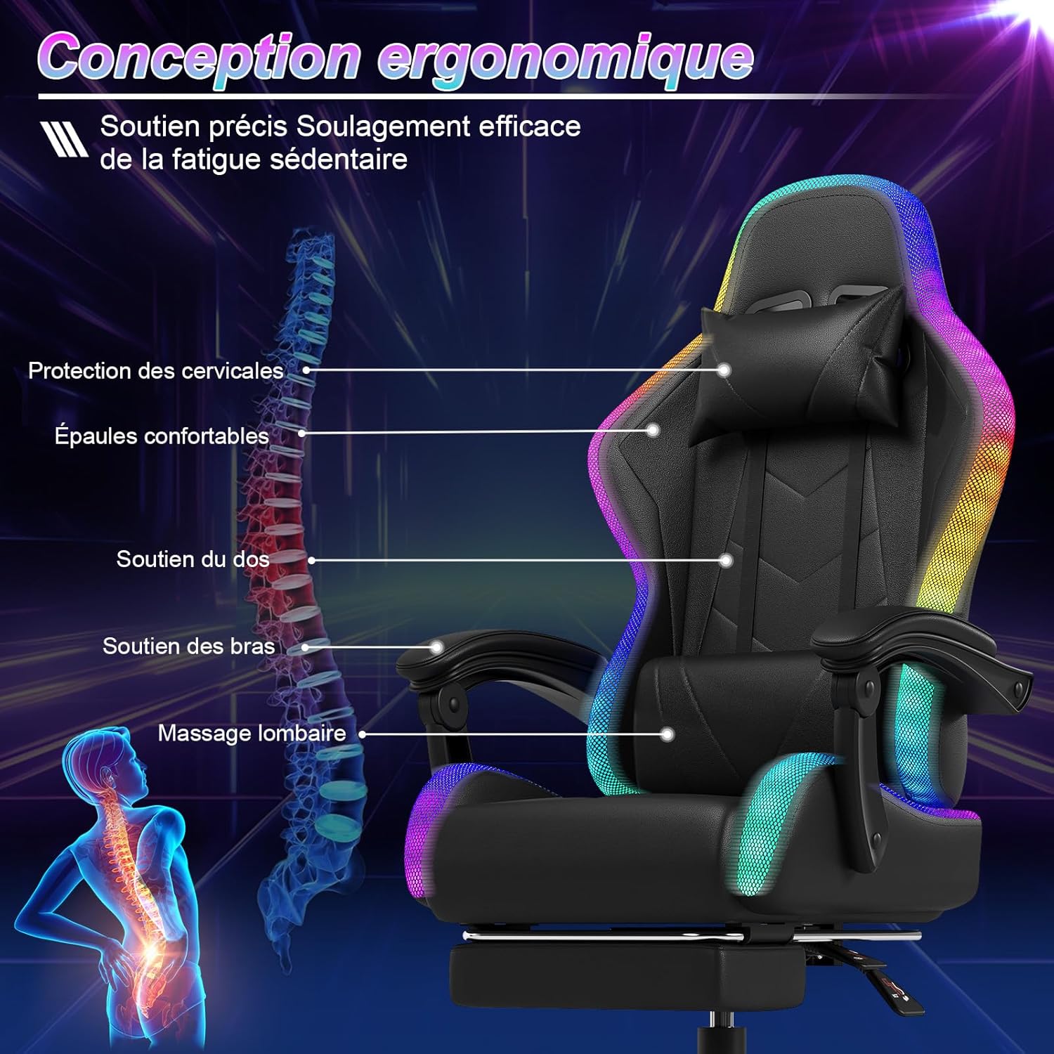Devoko Chaise Gaming Ergonomique avec LED RGB, Massage Lombaire & Repose-Pieds – Fauteuil Gamer avec Appui-tête réglable – Dossier inclinable & Hauteur Ajustable – 180 kg – Noir