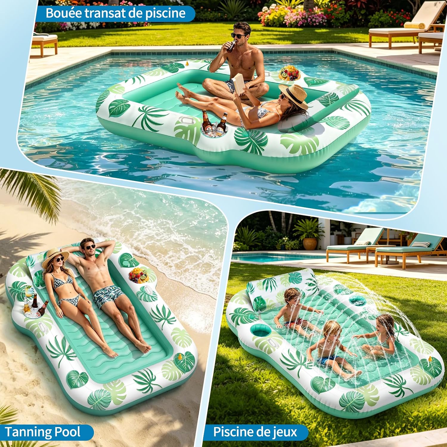 JONRRYIN Matelas Gonflable Piscine 2 Personnes, Tanning Pool avec Fonction Brumisation & Porte-Gobelets, 225×190 cm Grande Île Flottante, Hamac Gonflable pour Piscine et Plage (Vert)