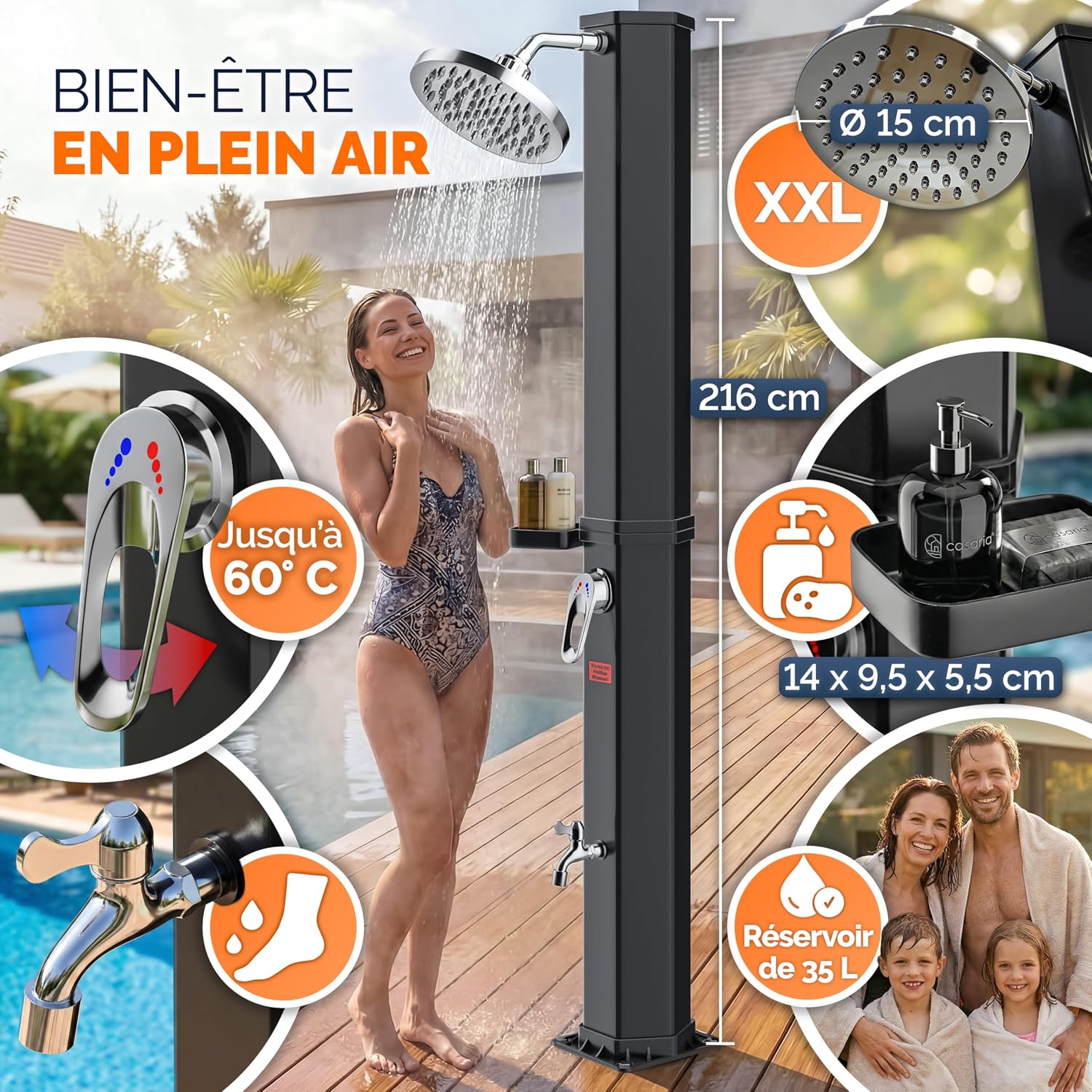 Casaria® Douche Solaire Jardin 35 L - 216 cm - Pommeau de Douche pivotant Ø15 cm - Douchette extérieur Eau Chaude - avec raccord Tuyau d'Arrosage & Housse de Protection - Piscine, Terrasse, Camping
