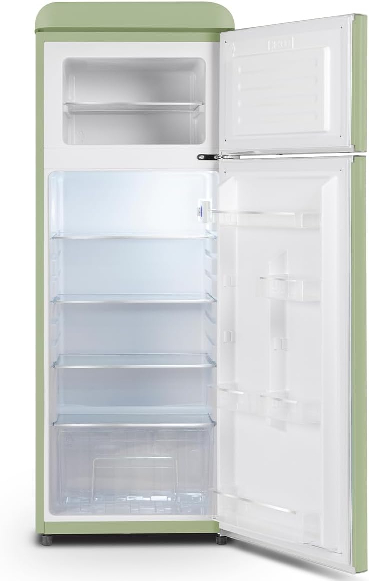 SCHNEIDER SCDD208VVA, Réfrigérateur 2 portes, 211L (172+39), Froid statique, Dégivrage automatique, 3 clayettes verre, Thermostat réglables, Pieds réglables,Vert amande