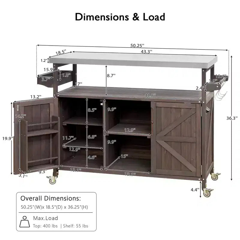 Okak Outdoor Kitchen Island with Stainless Steel Top, Wooden Kitchen Cart with Doors, Shelves and Spice Rack, Rolling Kitchen Island