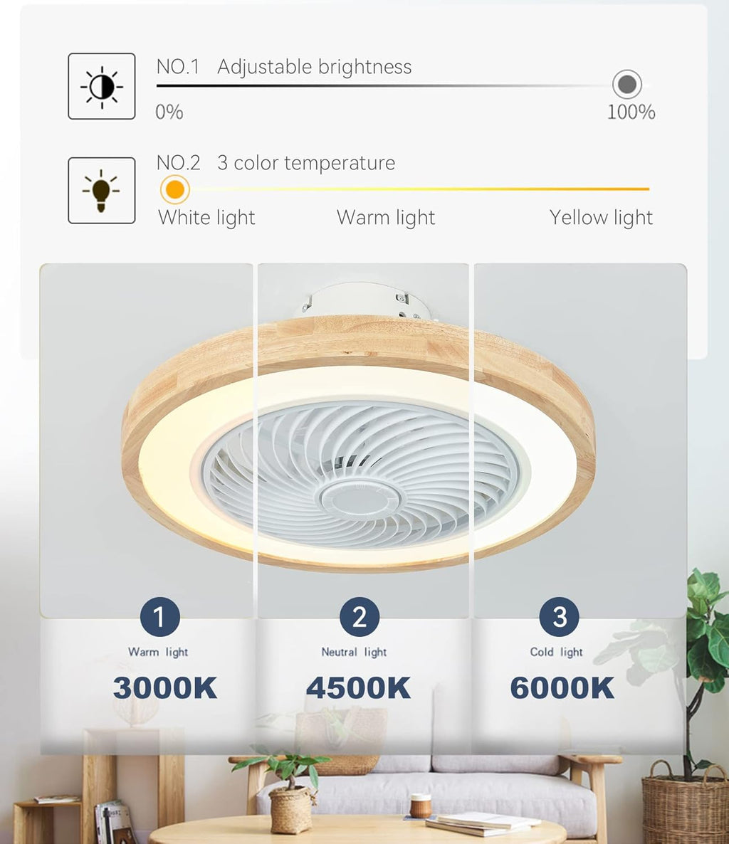 LJX Ventilateurs de Plafond avec Lumières Bois et Télécommande Plafonnier Ventilateur Design Sans Pales Été Et Hiver Réversible 6 Vitesses Moteur DC Gradable Ventilo Plafond Silencieux Pour Chambre