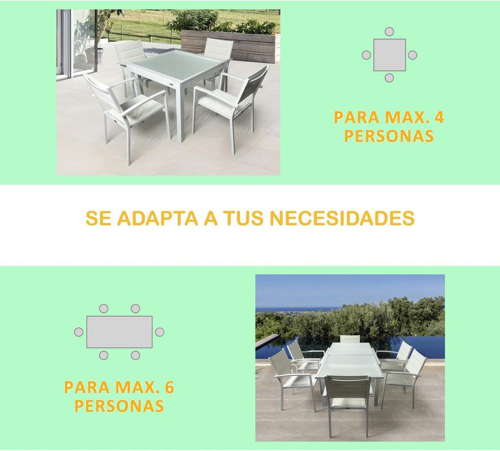 MOMMA HOME Table extensible de jardin en aluminium et verre trempé - Table carrée extensible d'extérieur - Dimensions 90/150 x 90 x 74 cm (blanc)