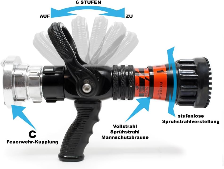 Wiltec Lance d'incendie C2 - avec Jet creux réglable 150/180/300/450/660 l/min - matériel de Lutte contre l'incendie Tuyaux Sapeurs Pompiers Irrigation Arrosage