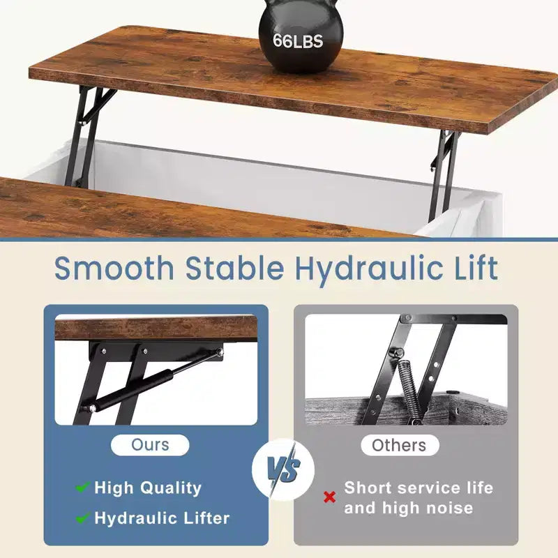 Table basse relevable JIONJOY 31,5" avec grand espace de rangement dissimulé, étagères réglables, table basse carrée de style ferme pour salon, petits espaces