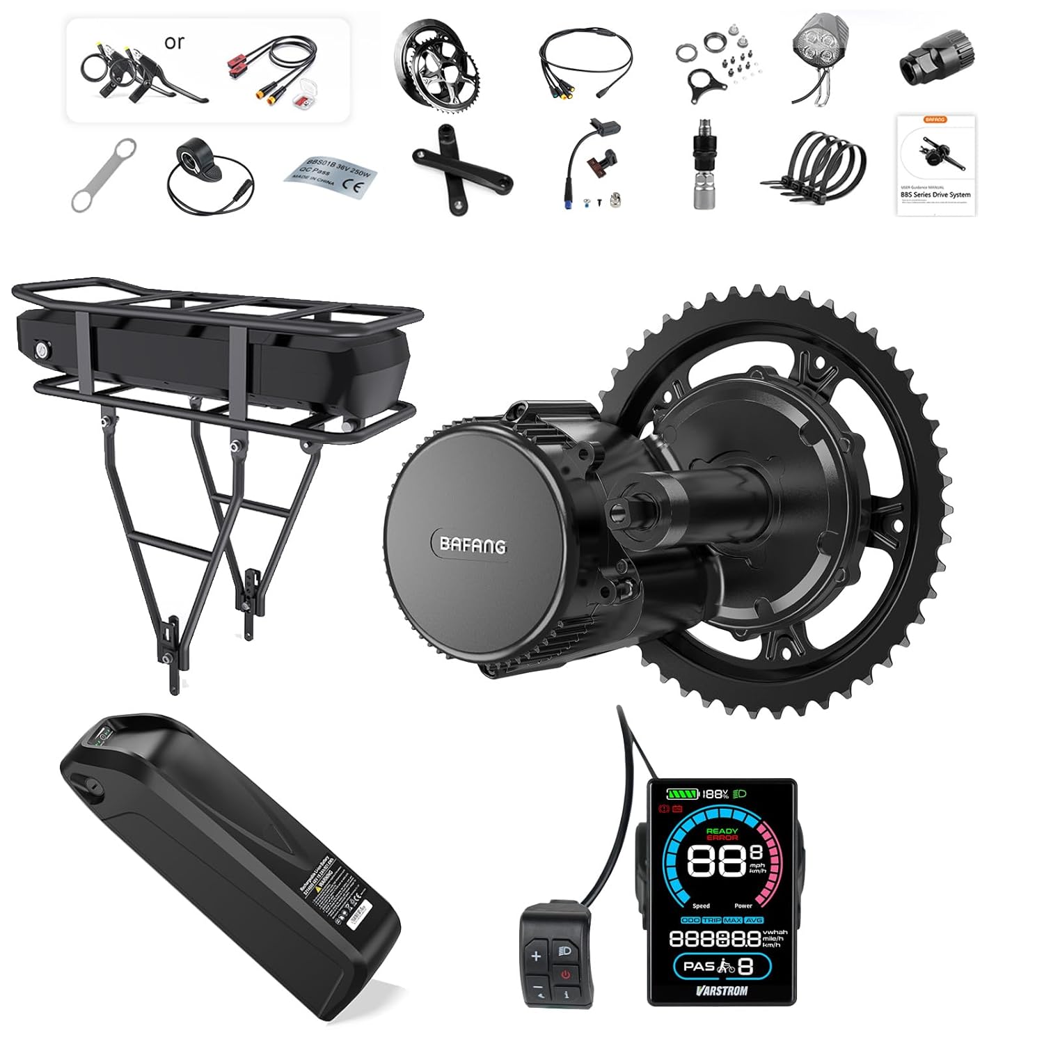 BAFANG 500W 36V BBS02B Kit de Conversion pour Vélo Électrique avec 20Ah Batterie et VD618 Afficheur, Moteur Central G340 pour Vélos de Montagne avec Boîtier de Pédalier BB68mm