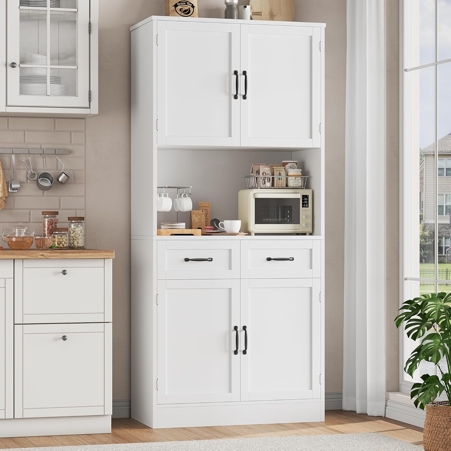 HOCSOK Buffet Haut Cuisine, 180 cm Armoire Cuisine avec 4 Portes et 2 Tiroirs, Meuble de Rangement avec Etagères Réglables, Vaisselier Vitrine, Blanc