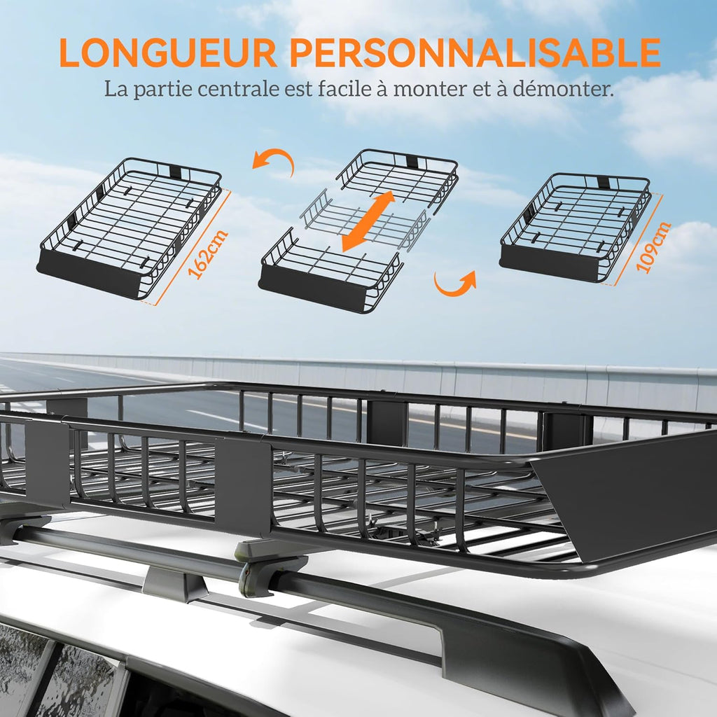 HOMCOM Porte-Bagage pour Voiture Galerie de Toit pour Voiture en métal réglable en Longueur de 109 à 162L cm Charge Max 100kg