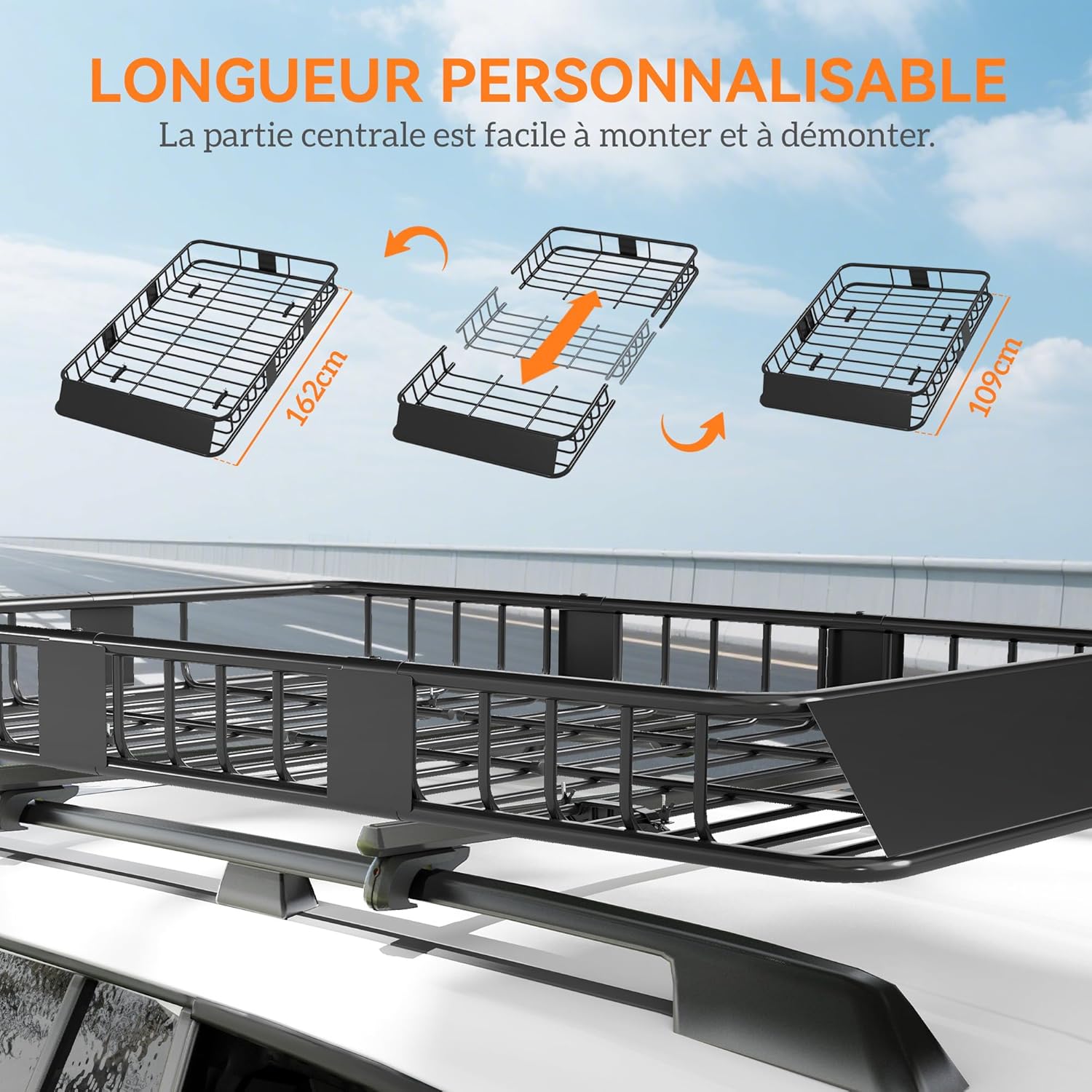 HOMCOM Porte-Bagage pour Voiture Galerie de Toit pour Voiture en métal réglable en Longueur de 109 à 162L cm Charge Max 100kg