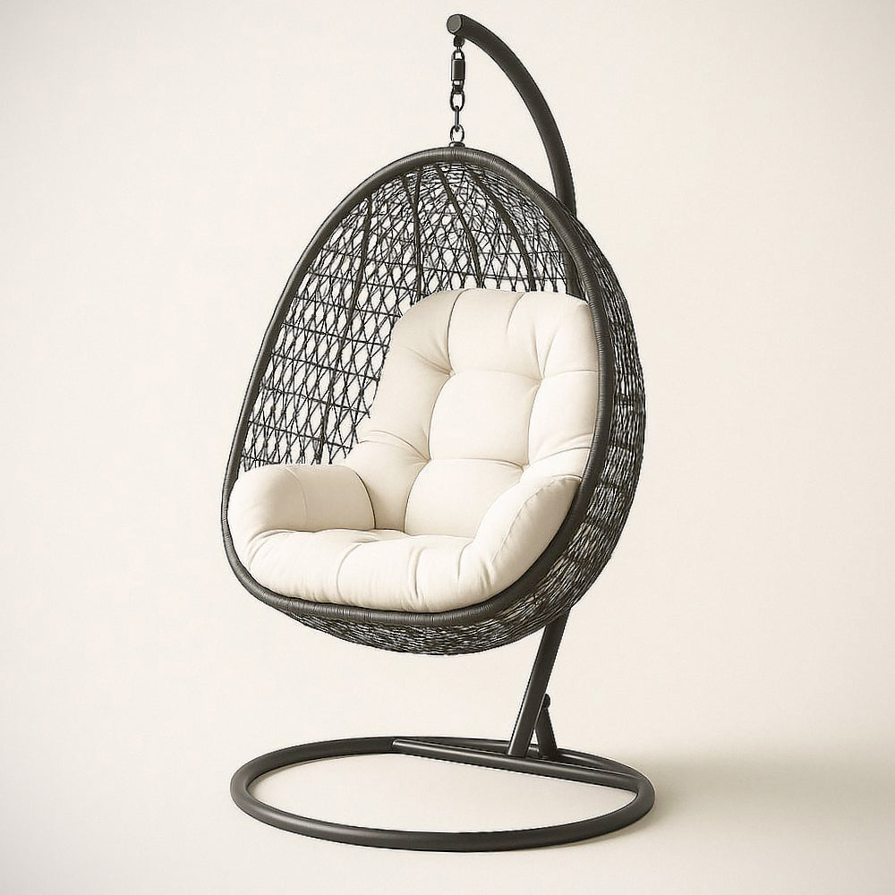 Fauteuil suspendu en résine tressée avec coussin en polyester blanc