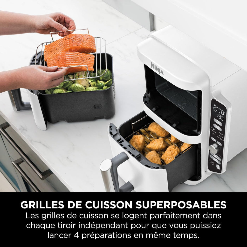 NINJA Double Stack XL Air Fryer, Friteuse sans huile Verticale Double Tiroir 4 Niveaux de Cuisson, 2 Tiroirs, 2 Grilles, Capacité de 9,5 L, 6 Fonctions, 8 Portions, Pinces, Blanc SL400EUWH