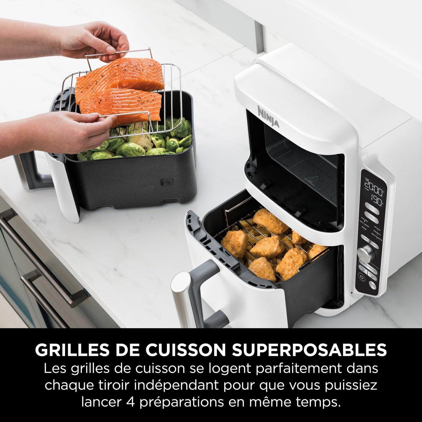 NINJA Double Stack XL Air Fryer, Friteuse sans huile Verticale Double Tiroir 4 Niveaux de Cuisson, 2 Tiroirs, 2 Grilles, Capacité de 9,5 L, 6 Fonctions, 8 Portions, Pinces, Blanc SL400EUWH