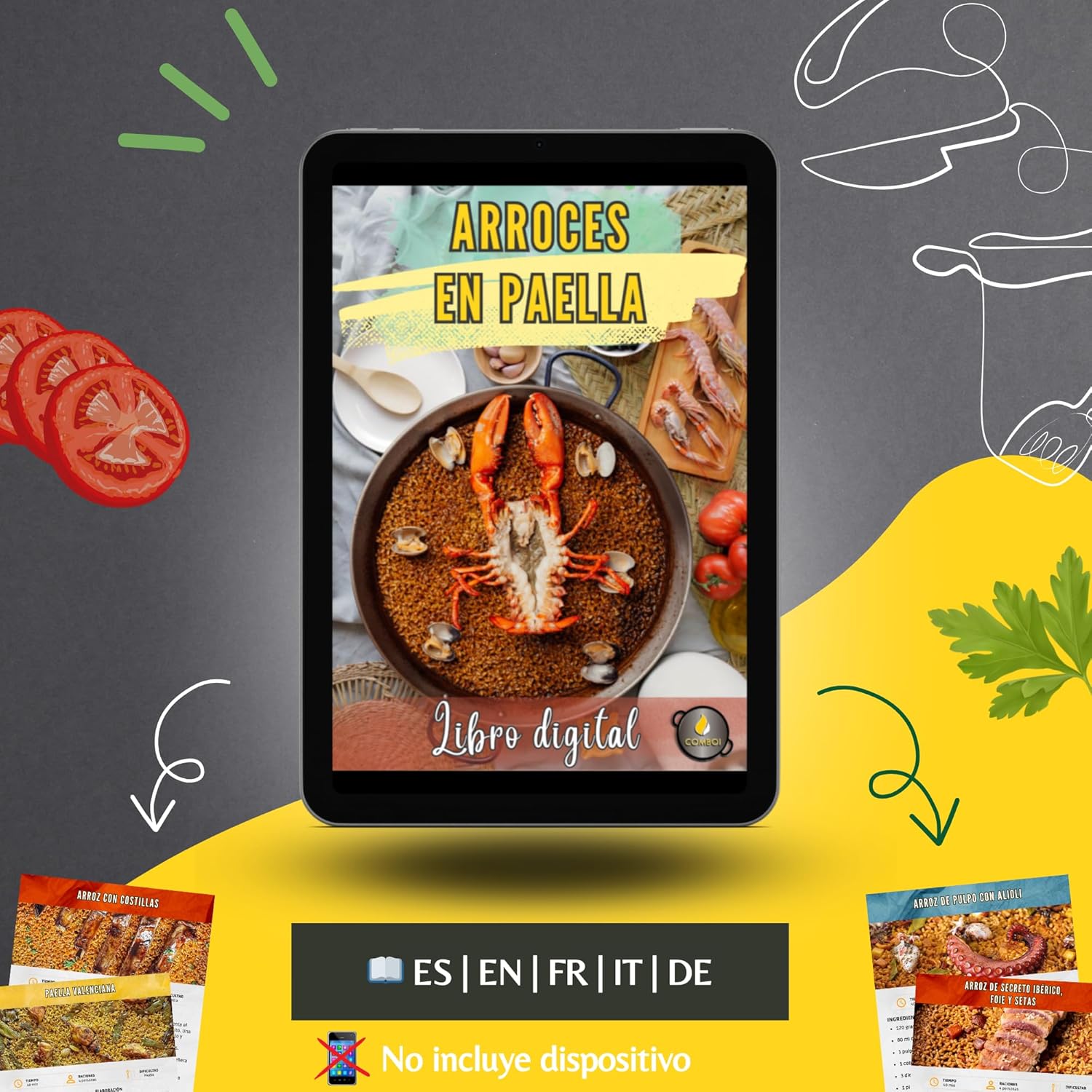 COMBOI - Kit paella, Brûleur à Gaz Butane de 50 cm, Poêles à paella de 60 cm et 42 cm, Régulateur de Gaz, Tuyau, Trépied Renforcé, Tablier et Recettes.
