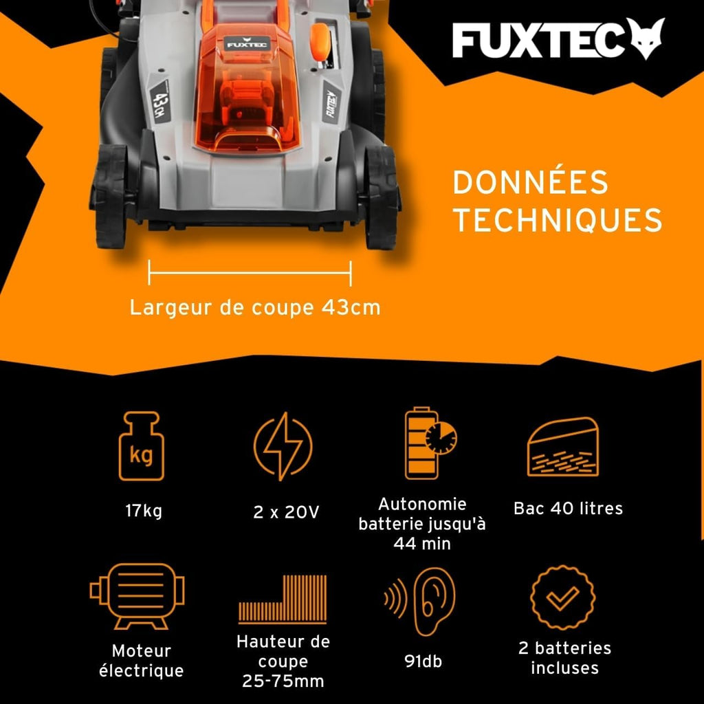 FUXTEC Tondeuse à Gazon sans Fil 40V (2x20V) E2RM43 Set Batteries et Chargeur - Largeur De Coupe 43cm, 40L, Hauteur De Coupe Variable, Tondeuse à Gazon Batterie, sans Fil