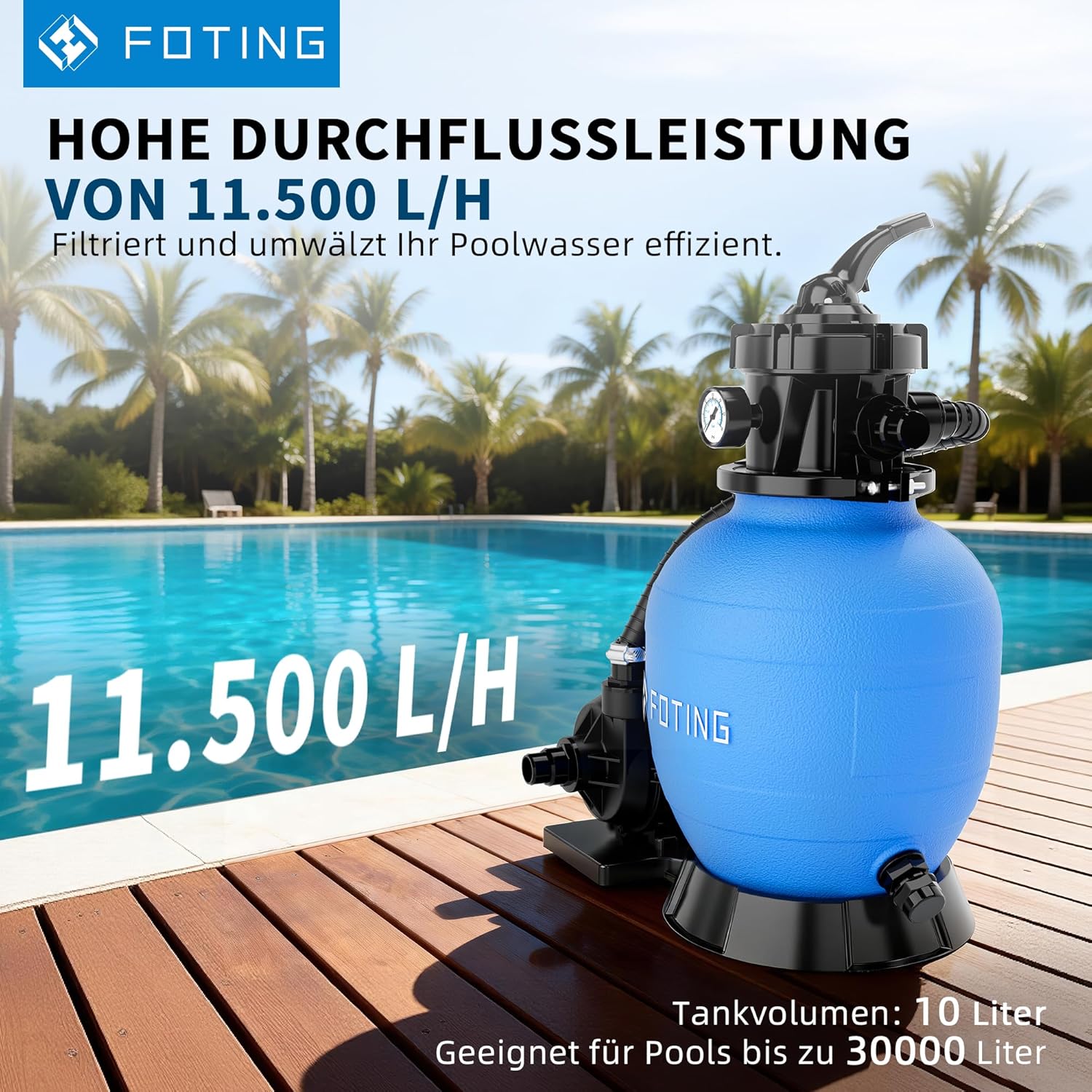FOTING Système de Filtre à Sable pour Piscine 11 500 L/h (11,5 m³/h) INCL. 200 g de Billes Filtrantes, Filtre de Piscine avec Vanne 7 Voies, Minuterie 24 h, Adaptateur 2-en-1 Ø32–38 mm