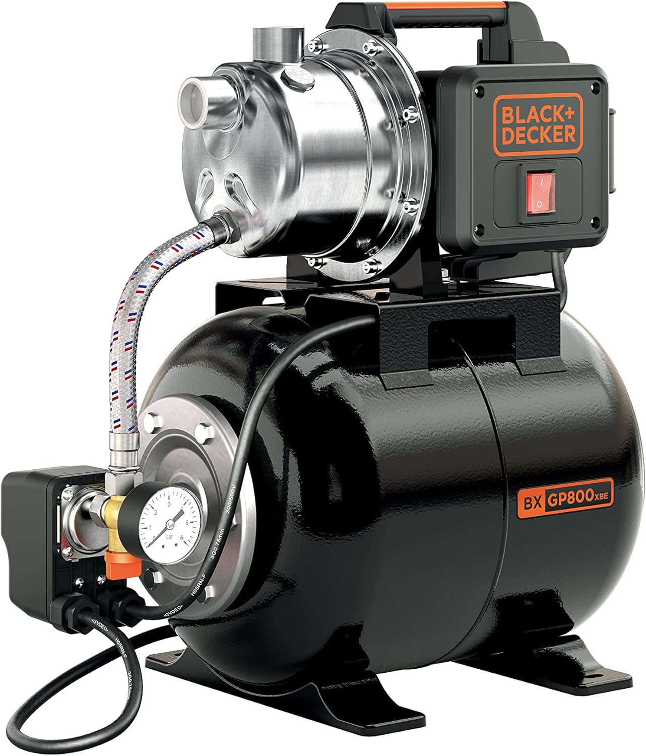Black+Decker BXGP800XBE Pompe Auto-Amorçante avec Cuve Aspirateur (800 W, Débit Max 3.500 l/h, Hauteur d'Élévation Max. 38m)