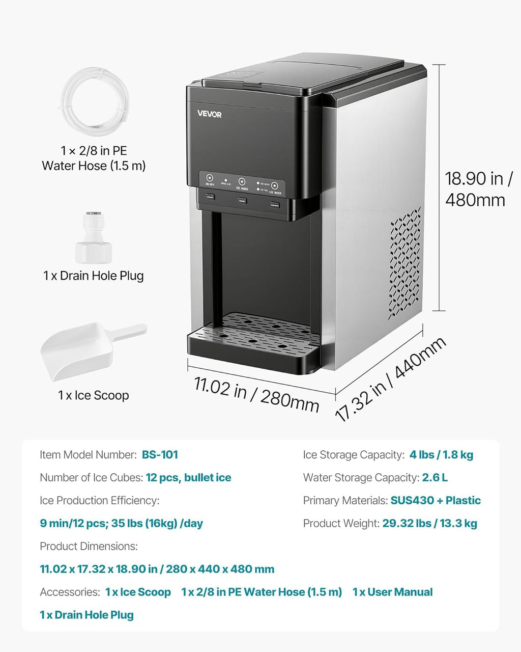 VEVOR Distributeur d'Eau 3-en-1 avec Machine à Glaçons et Broyeur à Glace, Fontaine à Eau à Poser, pour Fête Cuisine Maison Bureau, Production Rapide de Cube 16 kg/24 h et 12 PCs/7 min, avec Pelle