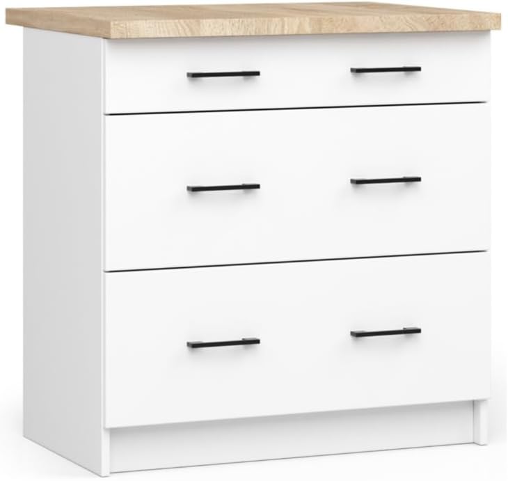 BDW Armoire de Cuisine OLIWIA S80 - Meuble Cuisine - Buffet - Panneau Stratifié 16 mm - Placage ABS - Design Moderne - Durable et Résistant à l'usure - Facile à Assembler - 3 Tiroirs - 80 cm - Blanc