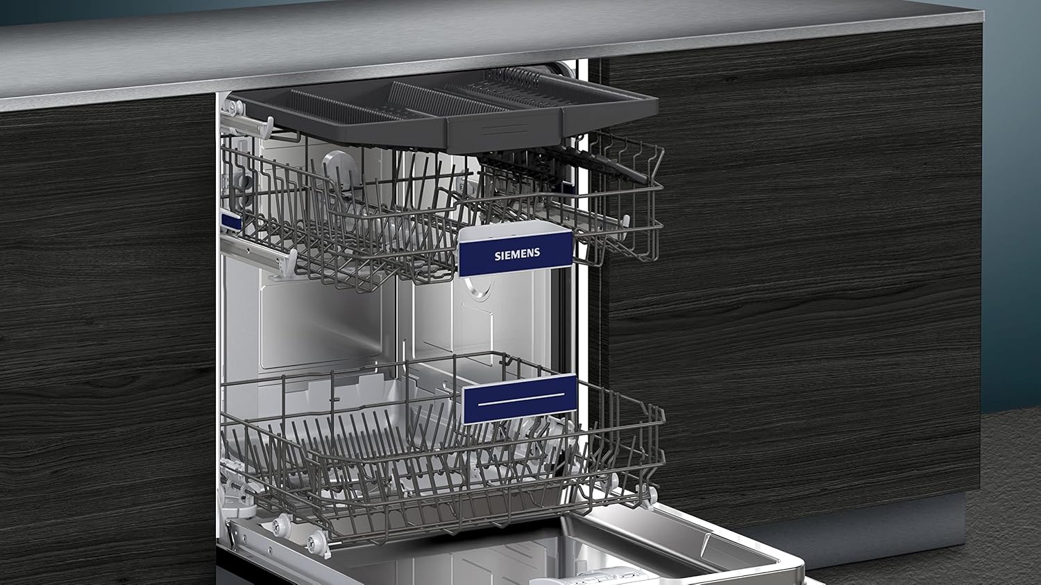 Siemens SN43ES14VE, iQ300 Lave-vaisselle intelligent, lave-vaisselle sous meuble avec tiroir à couverts, 60 cm, ouverture automatique de la porte grâce à AutoOpen dry, particulièrement silencieux avec