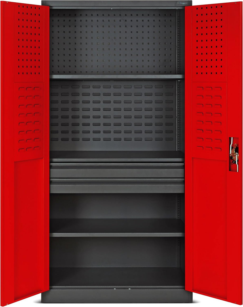Jan Nowak Armoire à Outils TC02AM Armoire Meuble d'atelier avec 2 Tiroirs Portes battantes 3 étagères Peinture en Poudre 185 cm x 92 cm x 50 cm Anthracite-Rouge