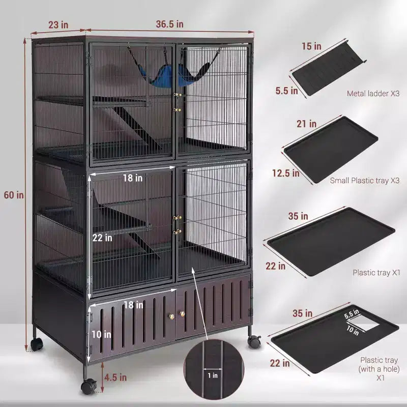 Small Animal Cage, Ferret Cage - 59'' 5-Tier Habitat with Storage Cabinet, Includes Hammock/Wheels/Removable Ramps/Easy-Clean Trays