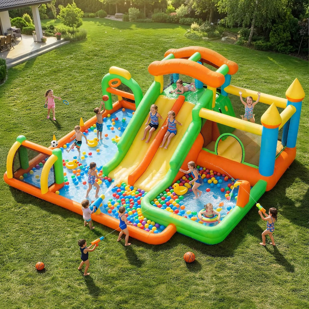 FOOING Grand toboggan aquatique gonflable avec 2 toboggans et pataugeoire pour enfants – Château rebondissant avec deux voies pour les fêtes de jardin et de cour, plaisir d'été en plein air