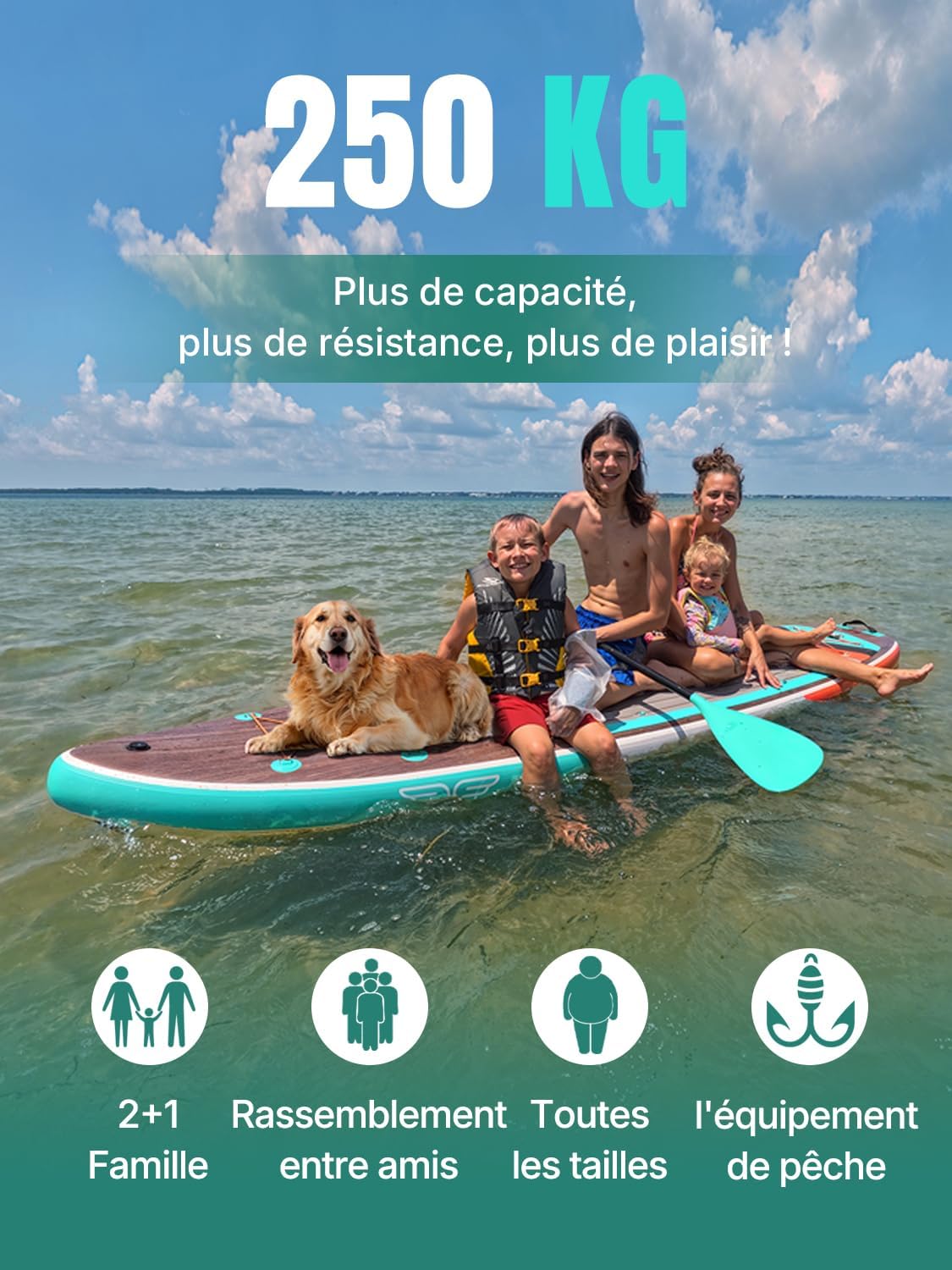 Niphean Extra Large Paddle Gonflable, Sup à 2+1 Personnes/Famille, Planches de Stand Up Paddle Gonflables avec Idéal Débutant Aileron Équilibré, Housse Étanche, Paddle Gonflable Adulte, Cadeaux