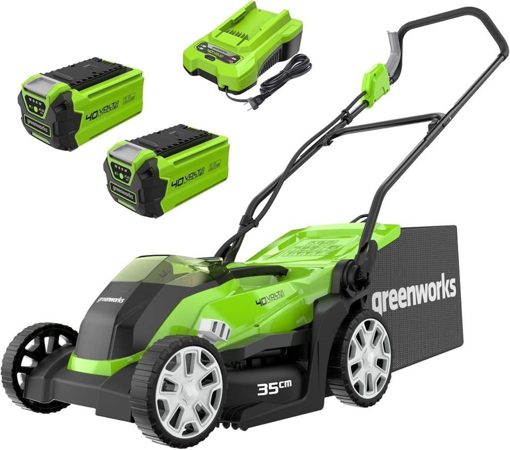 Greenworks 40V Tondeuse à Gazon Sans Fil pour Pelouses Jusqu'à 400m², Largeur de Coupe de 35 cm, Sac de 40L, INCLUS Deux Batteries 40V 2Ah et Un Chargeur, Garantie 3 Ans-G40LM35K2X