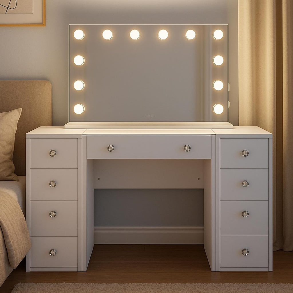 CLP Coiffeuse Tiline Miroir Hollywood Éclairage LED 9 Tiroirs Plateau Verre Prise USB Blanc