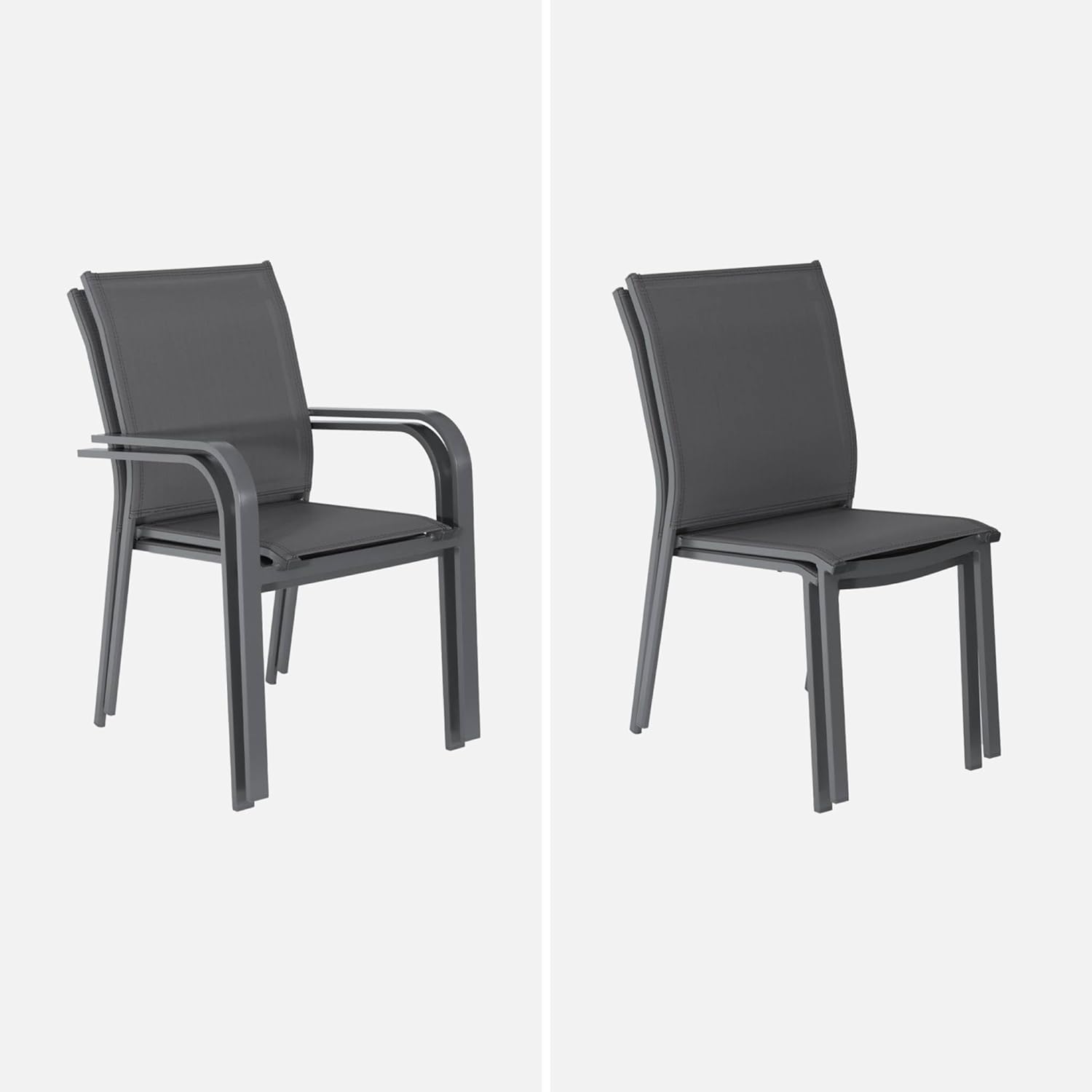sweeek - Table de Jardin Extensible Aluminium + 10 assises Aluminium et textilène Anthracite. 8 chaises. 2 fauteuils. 10 Places. 290 x 100 x 75 cm
