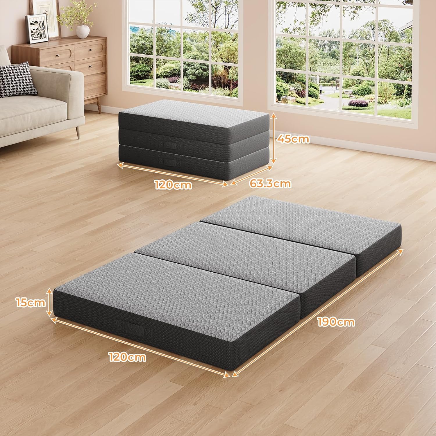 Vesgantti Matelas Pliable 120x190x15 cm avec Sac de Transport, Matelas d’Appoint Adulte en Mousse à Mémoire de Forme Gel, Lit Pliant pour Camping, Voyage, Voiture et Invités, Gris