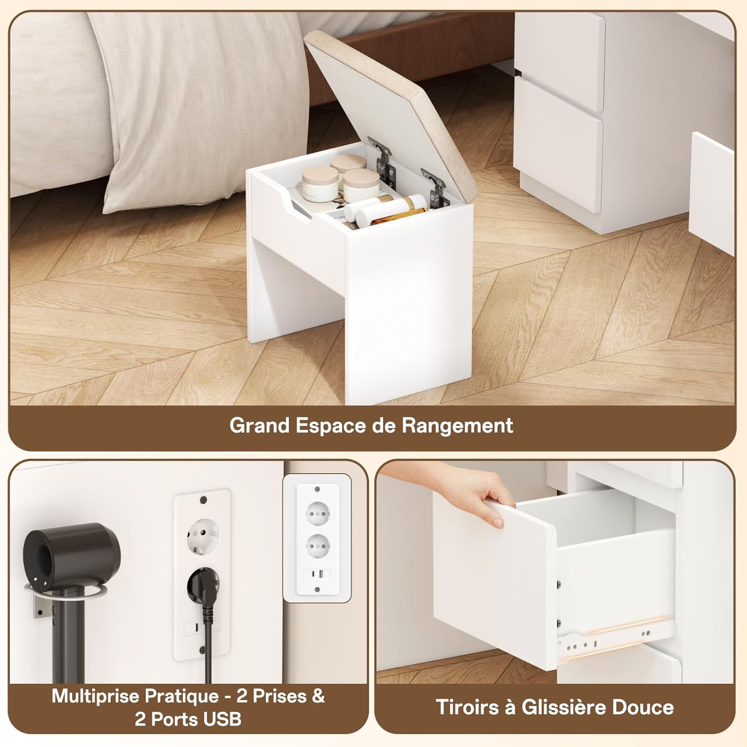 TRIUMPHKEY Coiffeuse avec Miroir et Tabouret Table de Maquillage avec Miroir LED Grand Format à Luminosité Réglable, 7 Tiroirs et Prise de Courant, Meuble de Maison, Blanc