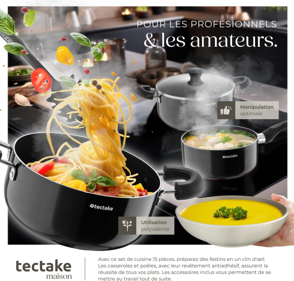 tectake® Set de cuisine 45 pièces, Service de table 6 personnes et Batterie de cuisine, Poêles, Casseroles, Assiettes plates, Assiettes creuses, Bols, Tasses, Louche, Spatule, Vaisselle en grès