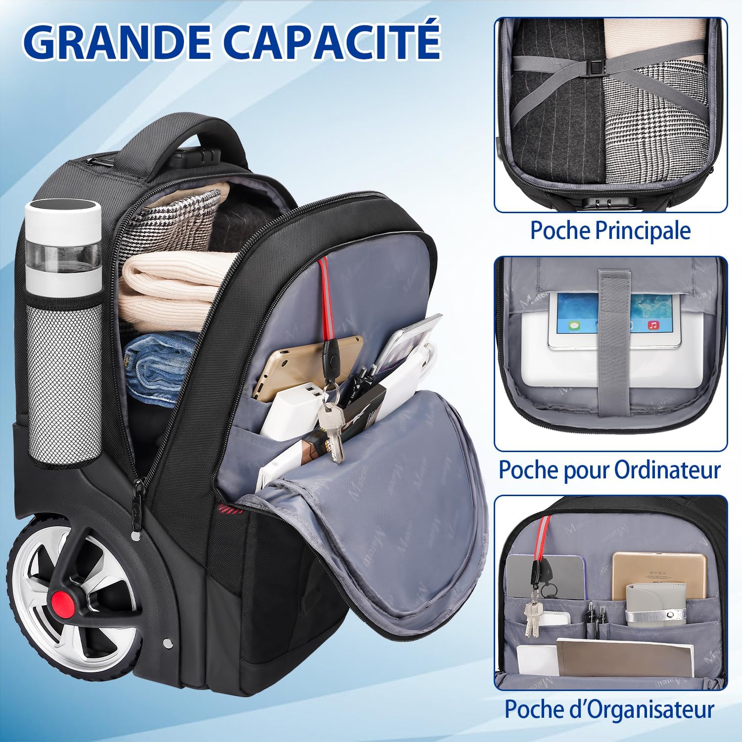 MATEIN Sac Dos Roulettes 17 Pouces avec 2 Roues, Grande Capacité avec Cadenas à Combinaison, 2 en 1 Trolley Résistant et Anti-vol, Hommes Adulte Cartable Voyage d'Affaires, Noir