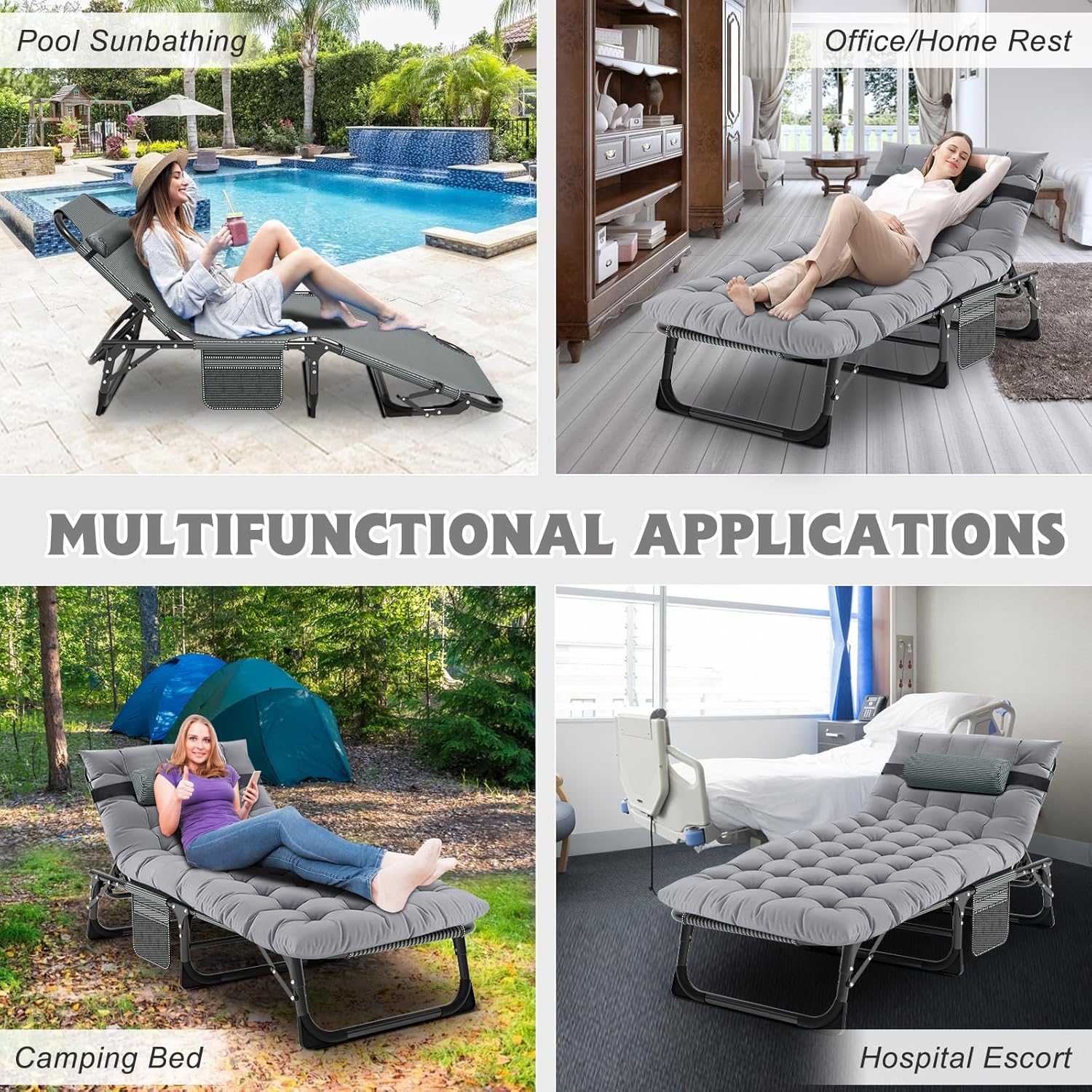 MOPHOTO Chaise Longue Pliable pour Jardin avec Matelas, Dossier et Repose-Pieds réglables, Chaise Pliante Portable pour intérieur et extérieur, Chaise Longue pour Bronzer(1 Paquet)