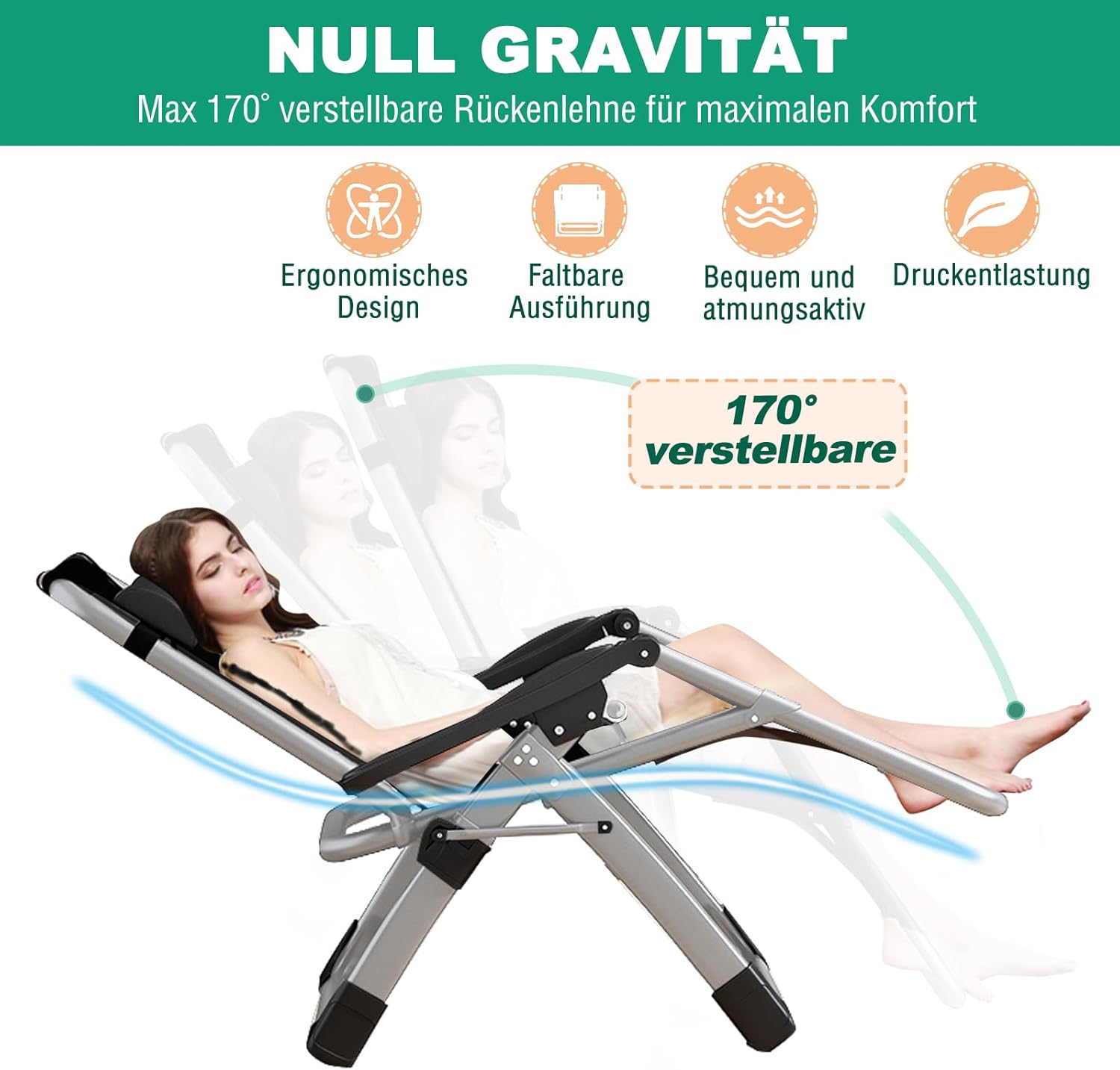 Chaise longue pliable, chaise de terrasse, capacité de charge 200 kg, chaise zéro gravité avec coussin de soutien, porte-boissons, chaise longue de jardin extra large réglable pour patio