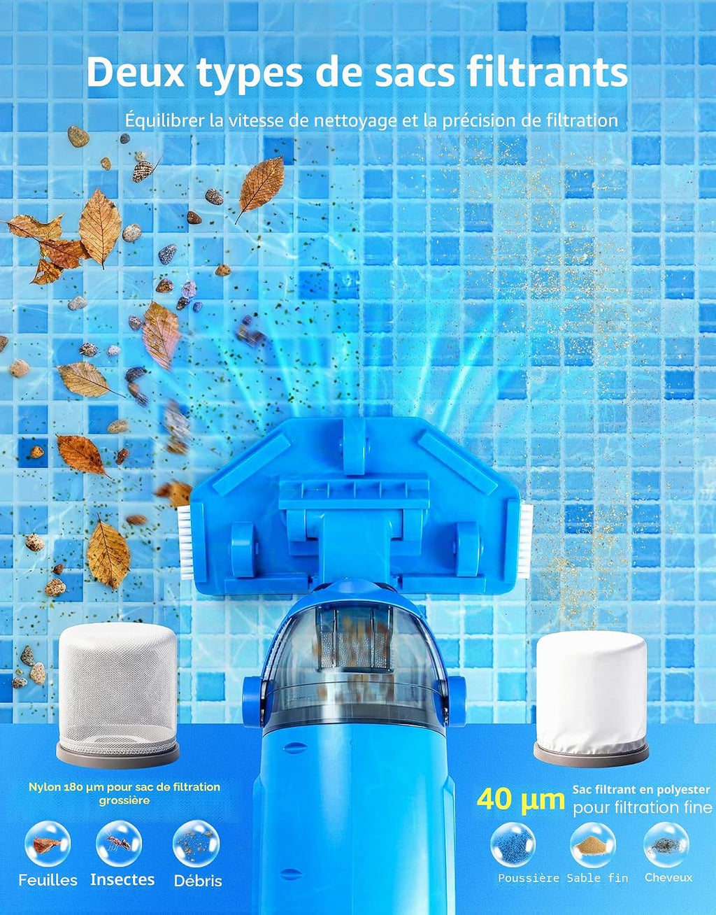 LanBlu Aspirateur Piscine Sans Fil, 2.5m Aspirateurs Piscines Batterie avec Tige Télescopique,4200L/H Manuel Aspirateur Piscine Hors Sol avec 4 Filtre,Conception Anti-retour Balai Aspirateurs Piscines
